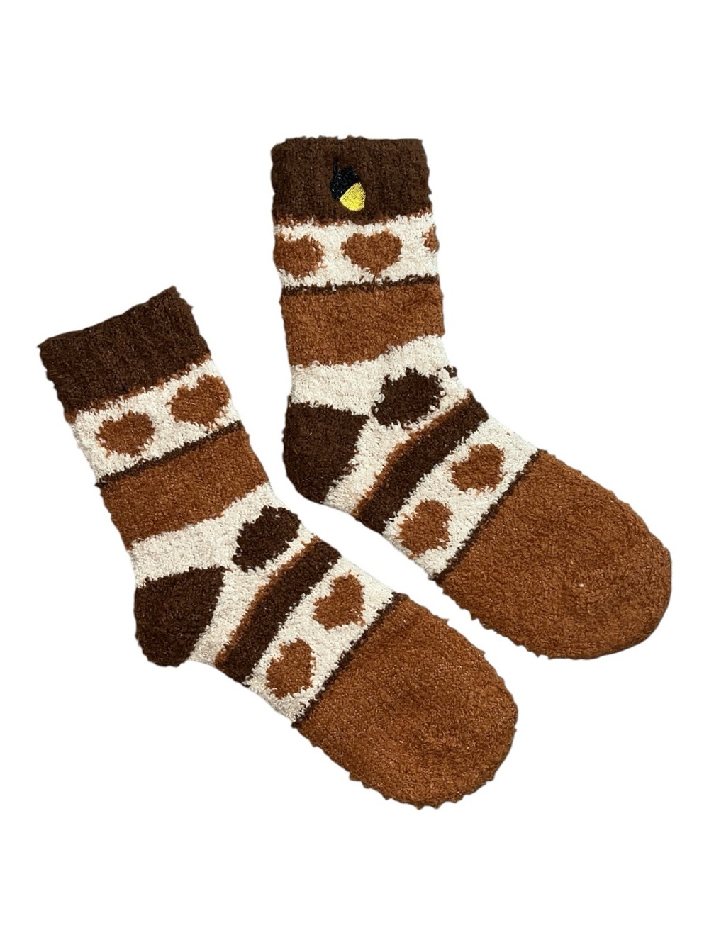 Brown and Cream Heart Pattern Fuzzy Crew Socks OS